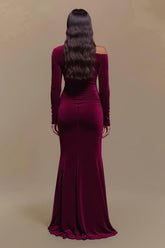 Einschulteriges Bordeauxfarbenes Ballkleid aus Satin mit langen Ärmeln und Schlitz